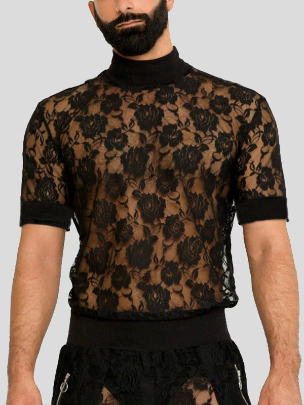 

Mens Floral Lace See Through High Neck Short Sleeve T-Shirt, Black