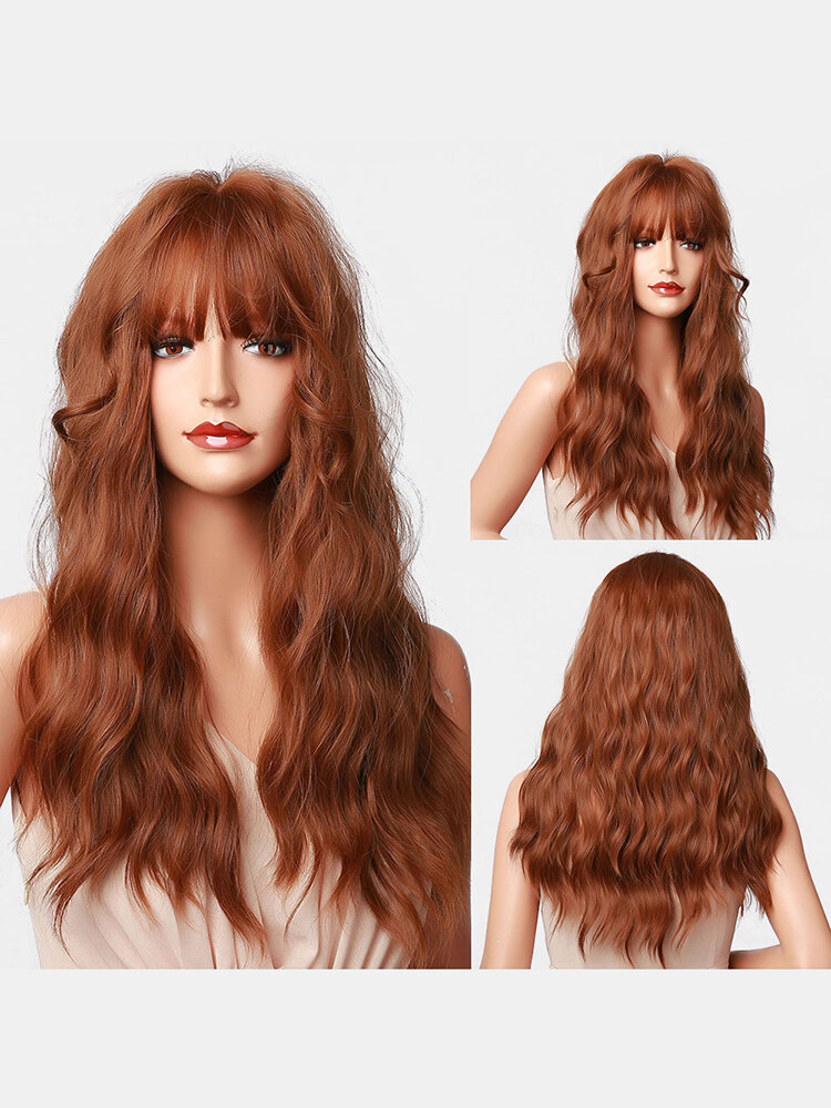 Brown Tan Long Wool Curly Hair Flat Bangs Water Wave Curl Natural Fluffy High-density Synthetic Wigs