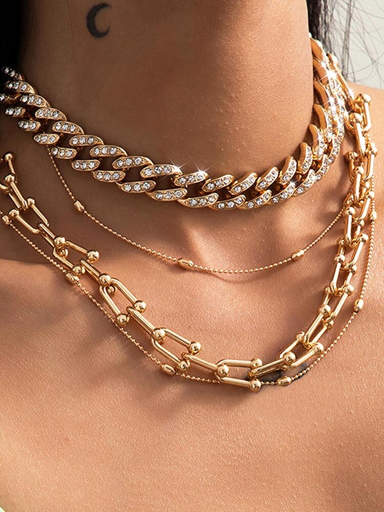 Punk Multi-layer Diamond Necklace Round Beads U-shaped Buckle Mixed Necklace