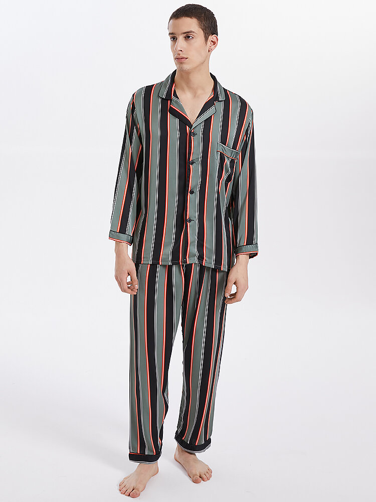 Mens Vertical Stripe Cardigan Button Faux Silk Satin Pajamas Sets With Pocket