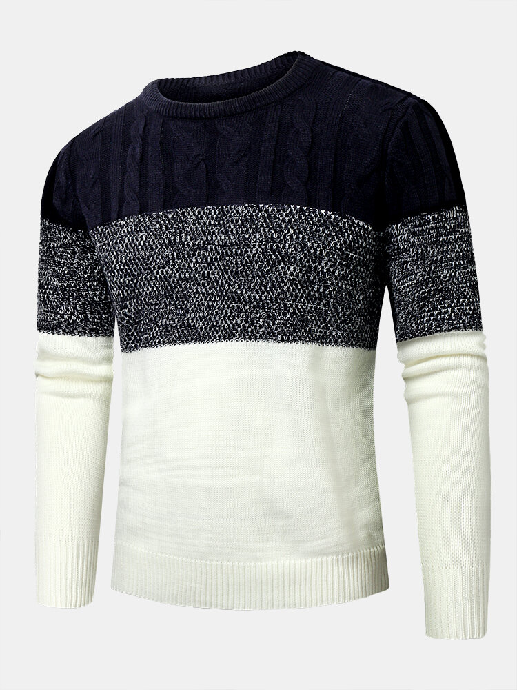 Mens Cable Knit Colorblock Patchwork Crew Neck Casual Pullover Sweaters