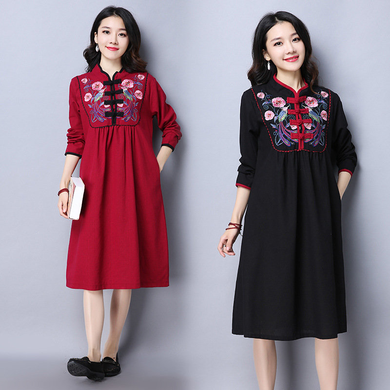 National Style Embroidered Cotton And Linen Plus Size Mid-sleeved Dress