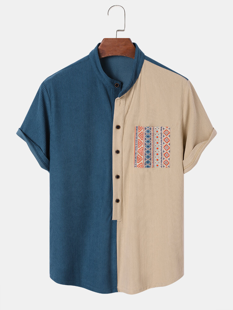 Mens Geometric Pattern Patched Pocket Corduroy Short Sleeve Henley Shirts