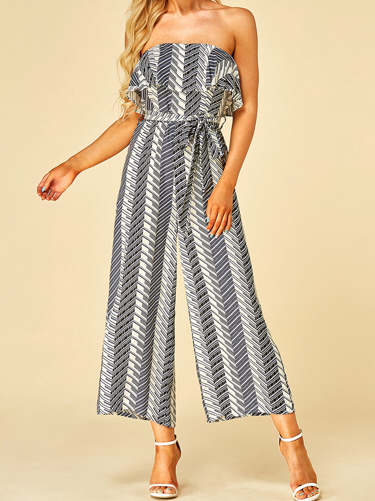 Geometric Print Knotted Off-shoulder Strapless Jumpsuit for Women
