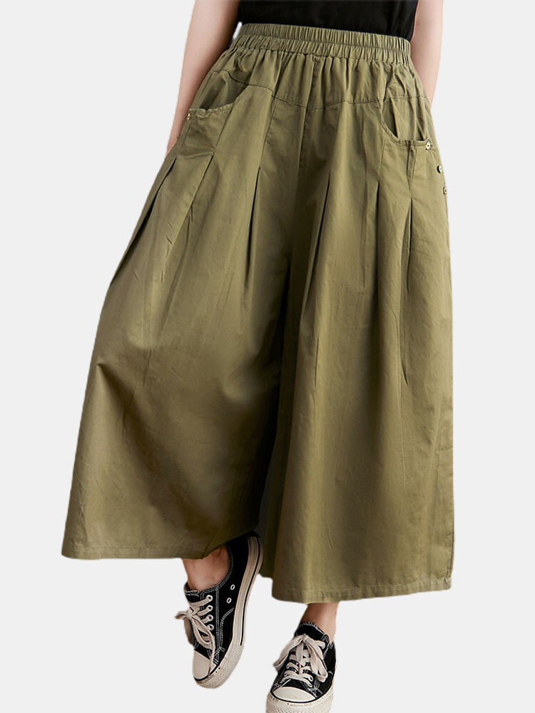 

Plain Elastic Waist Culottes Pants, Khaki;black;army green