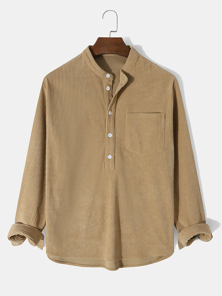 

Mens Solid Color Half Button Corduroy Long Sleeve Henley Shirts, Khaki