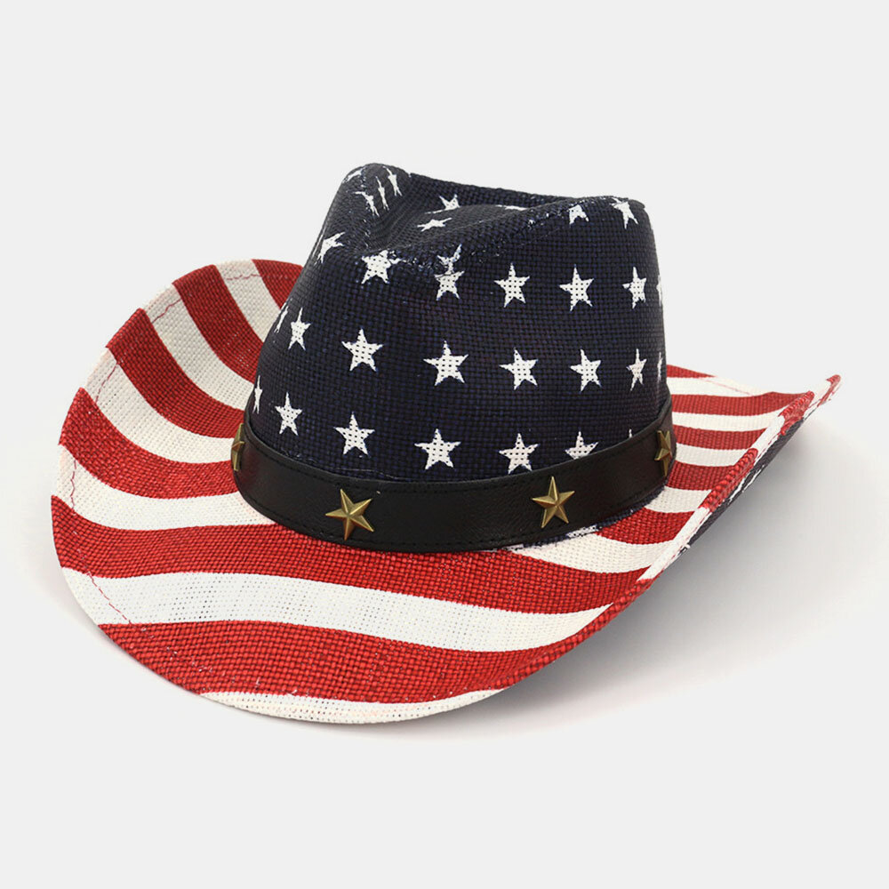 

American Flag Retro Western Cowboy Hat Summer Prairie Straw Hat, #01;#02;#03;#04