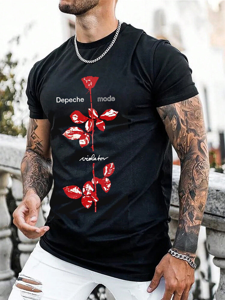 Mens Floral Letter Print Crew Neck Casual Short Sleeve T-Shirts Winter