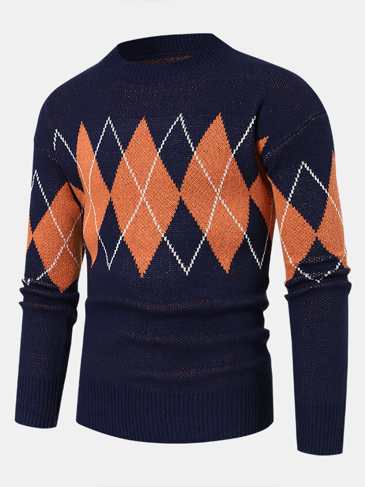 

Mens Argyle Pattern Crew Neck Preppy Knitted Pullover Sweaters, Black;navy