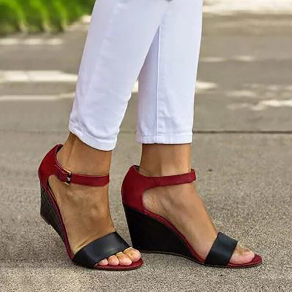 Large Size Buckle Color Block Peep Toe Slide Casual Wedges Sandals