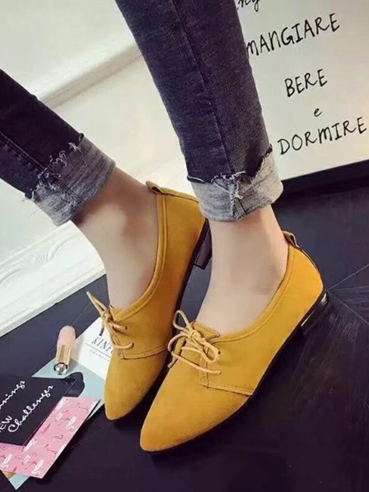 

Women Suede Brief Solid Color Lace-up Pointed Toe Loafers Shoes, Yellow