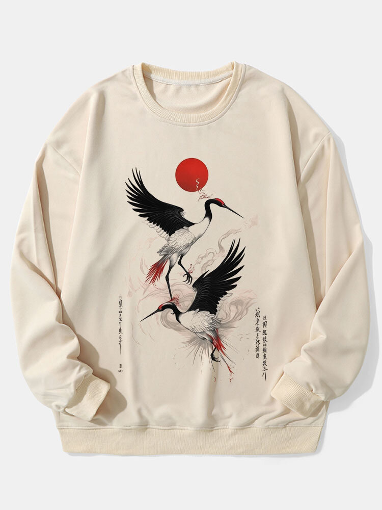 ChArmkpR Mens Chinese Style Crane Print Crew Neck Pullover Sweatshirts Winter