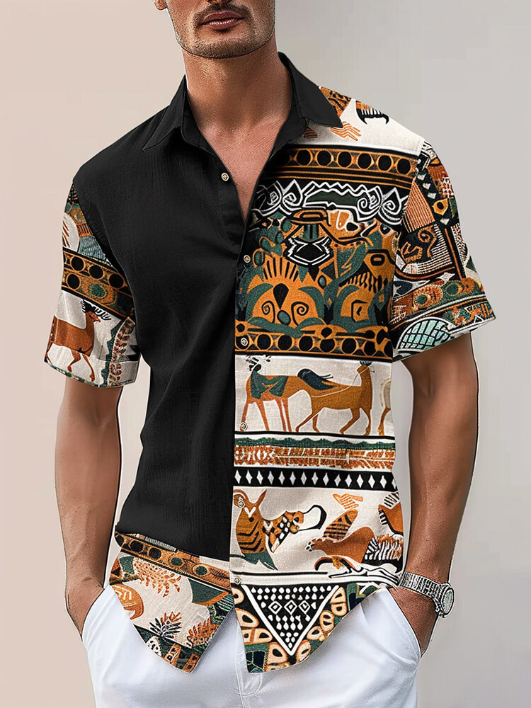 

Mens Ethnic Pattern Patchwork Lapel Collar Short Sleeve Shirts, Black