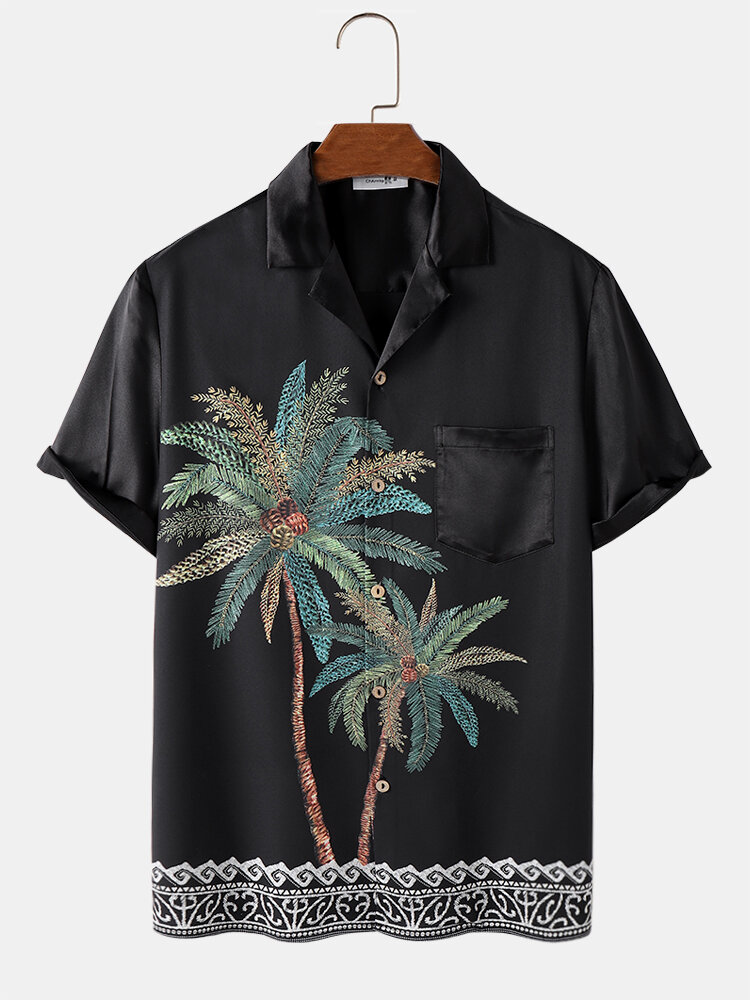 

Mens Coconut Tree Print Revere Collar Vacation Short Sleeve Shirts, Black