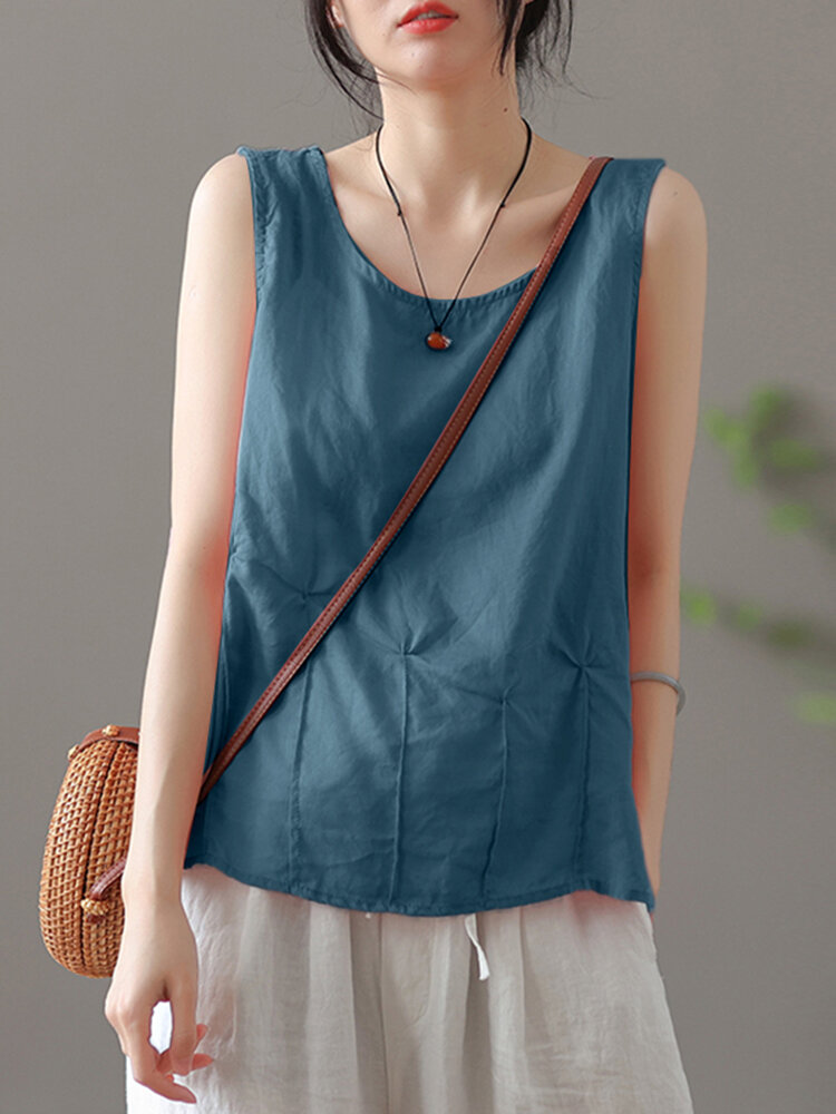 Solid Fold Pleated Crew Neck Sleeveless Casual Tank Top
