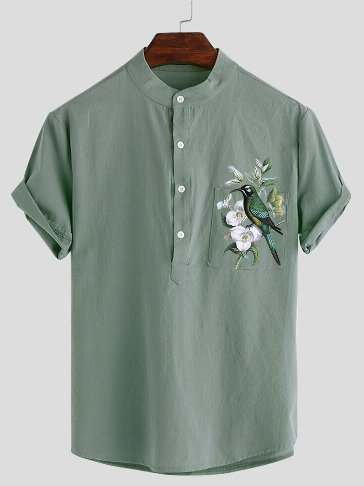 Camisas masculinas de algodão Henley com estampa floral de pássaros e bolso no peito