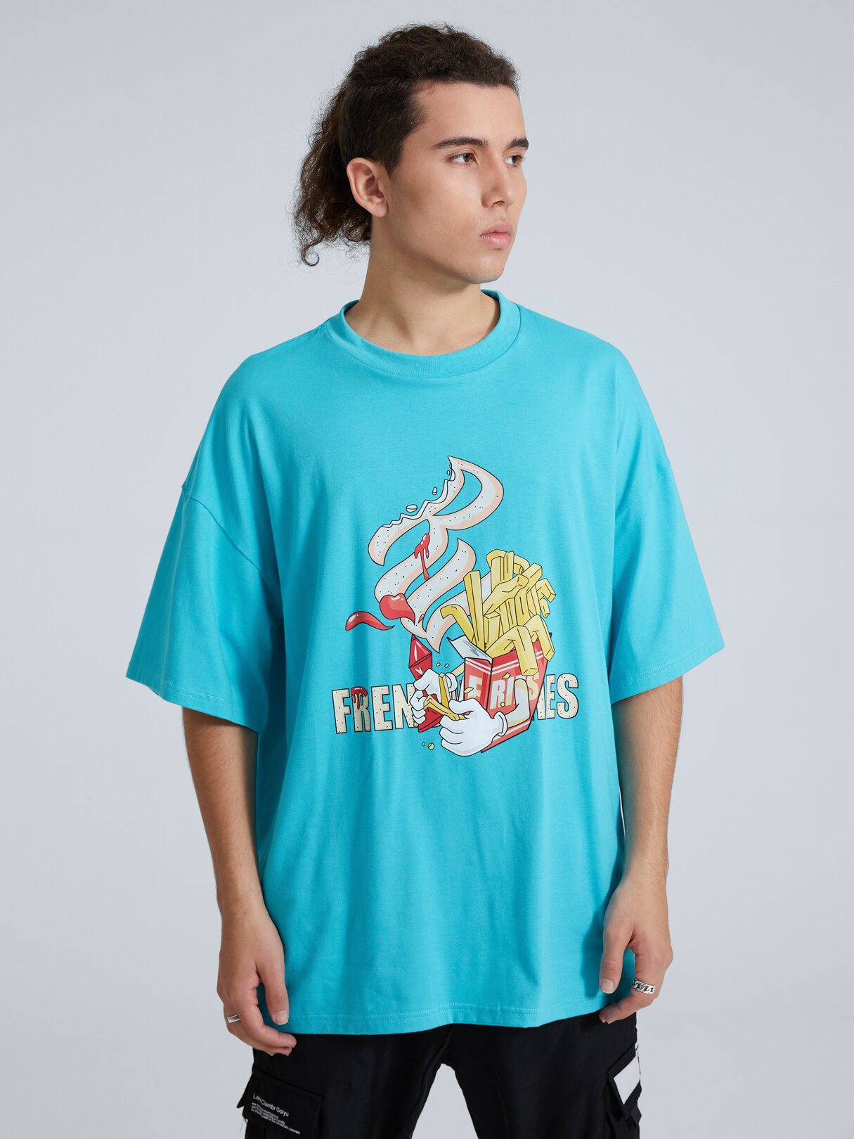 Men Cartoon Fries Print Super Soft Round Neck T-Shirt