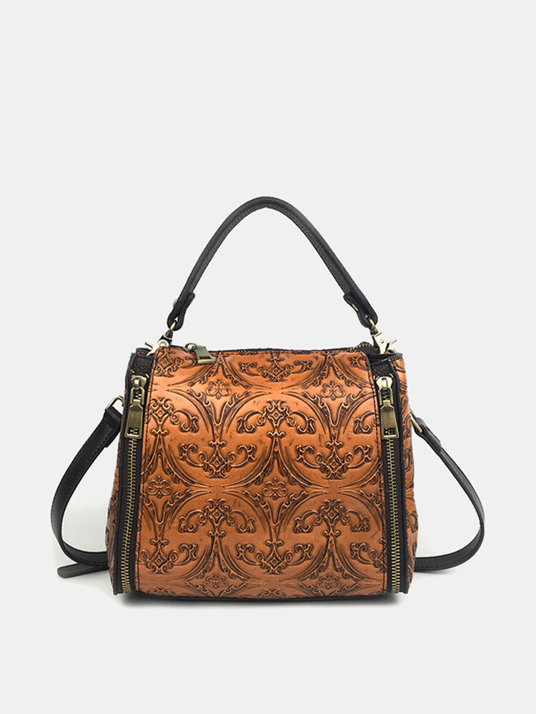 Women Genuine Leather Retro Bucket Handbag Hand Embossed Craft Flower Crossbody bag