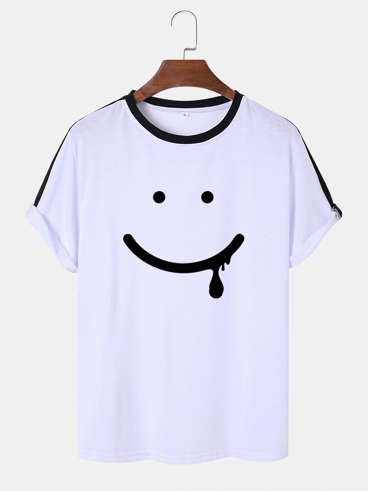 Mens Smile Face Print Side Stripe Street Short Sleeve T-Shirts