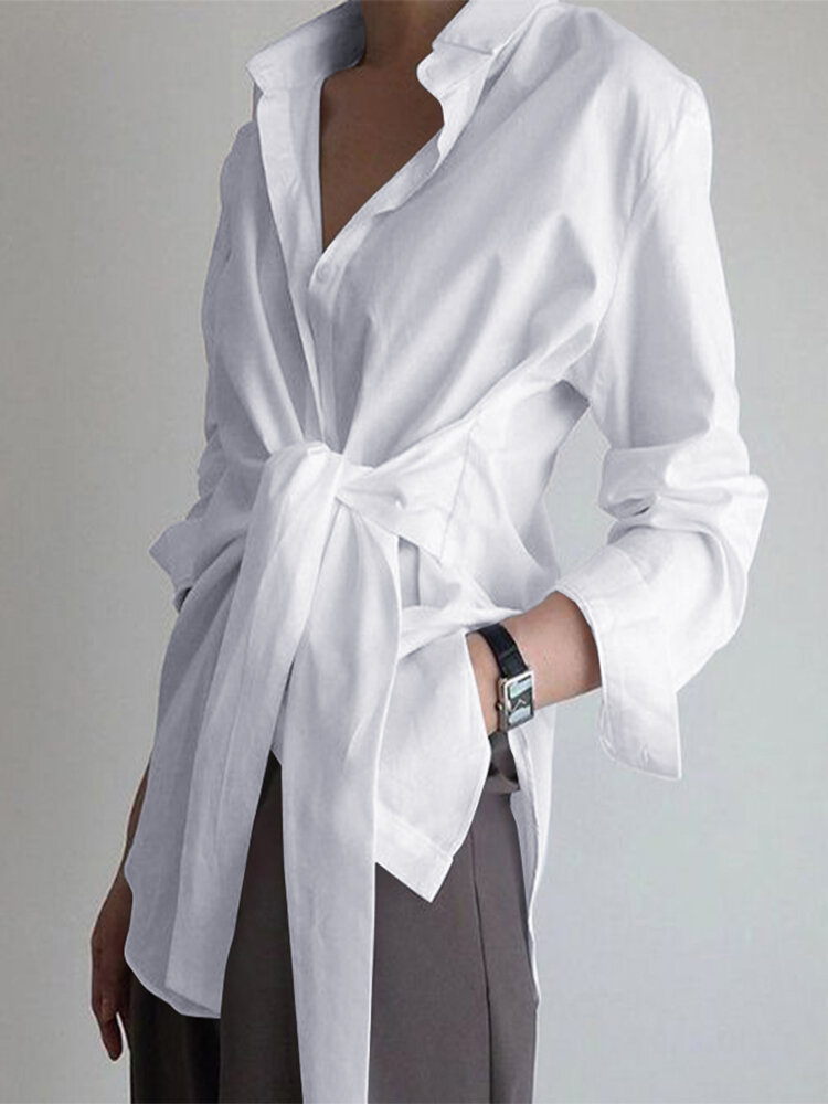 Solid Color Wrap Lapel Long Sleeve Shirt for Women