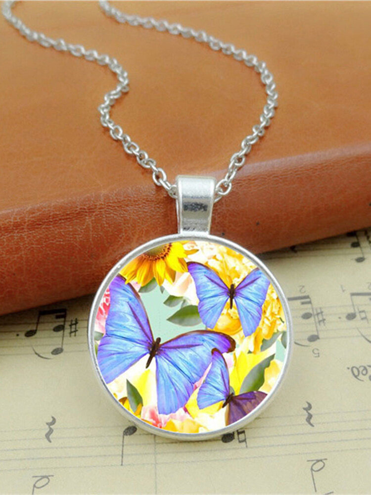 Vintage Glass Printed Women Necklace Butterflies Flowers Pendant Sweater Chain Jewelry Gift