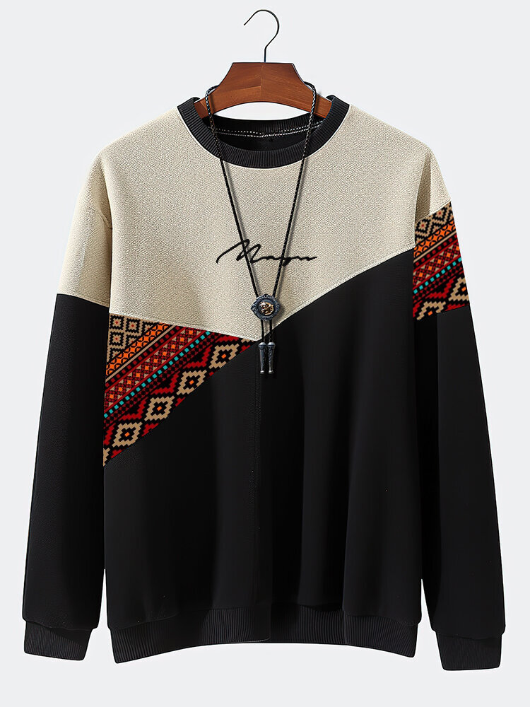 Мужские пуловеры в стиле пэчворк с этническим геометрическим принтом Шея, зимние толстовки