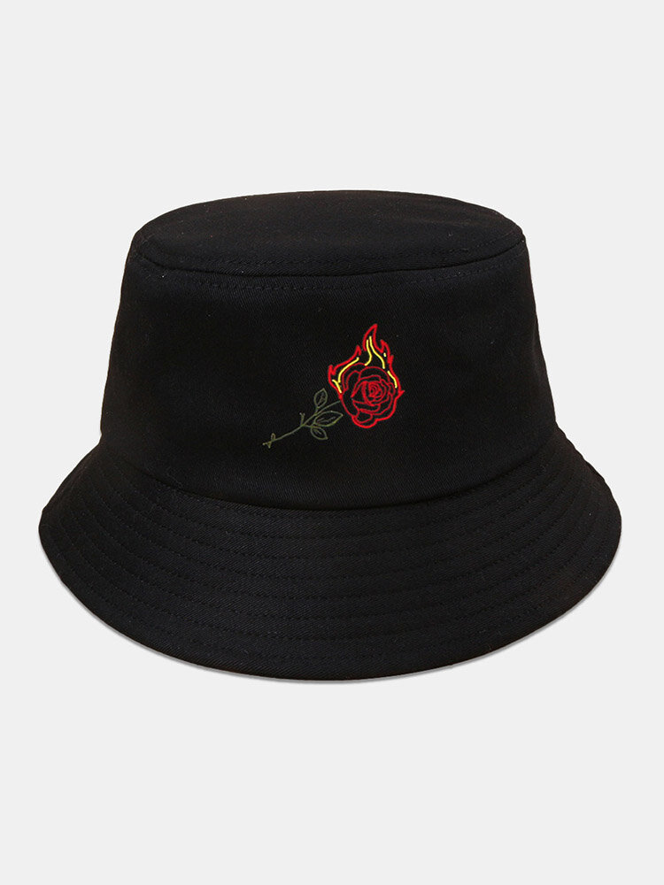 Unisex Cotton Solid Color Flame Rose Embroidery Simple Sunscreen Bucket Hat