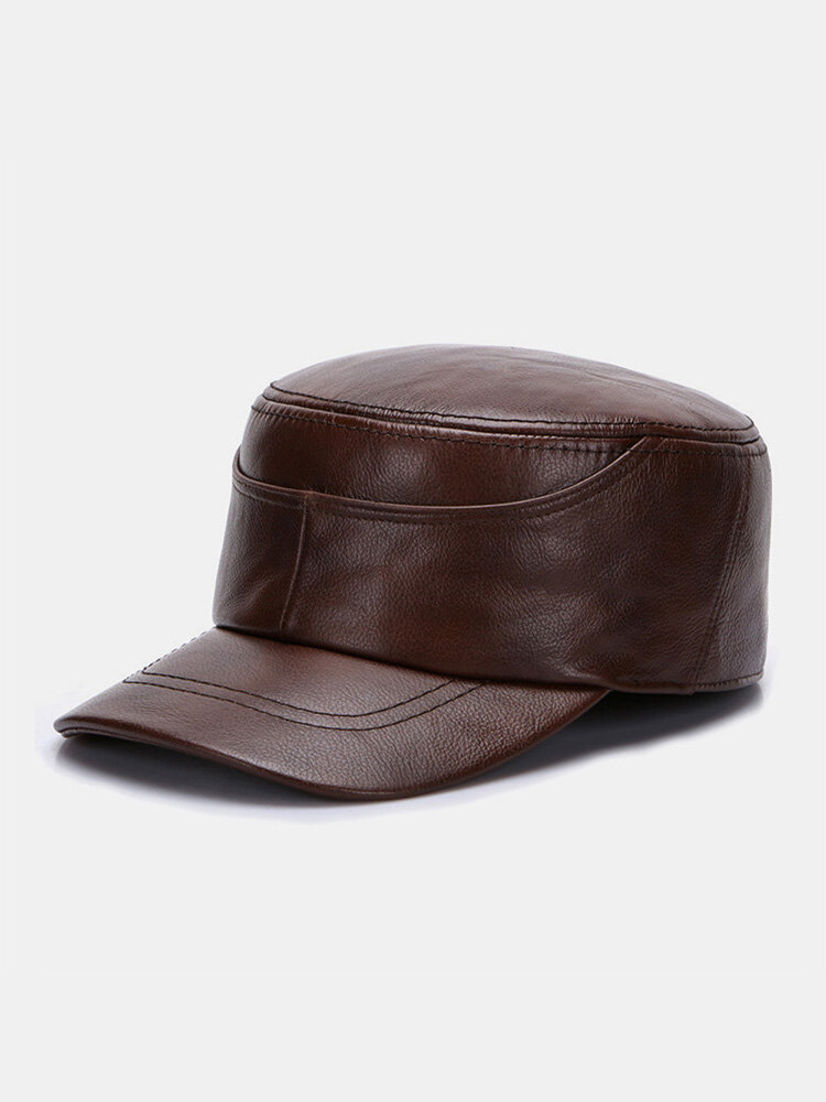 Men Cow Leather Solid Color Stitched Sweat-absorbent Breathable Warmth Military Cap Flat Cap
