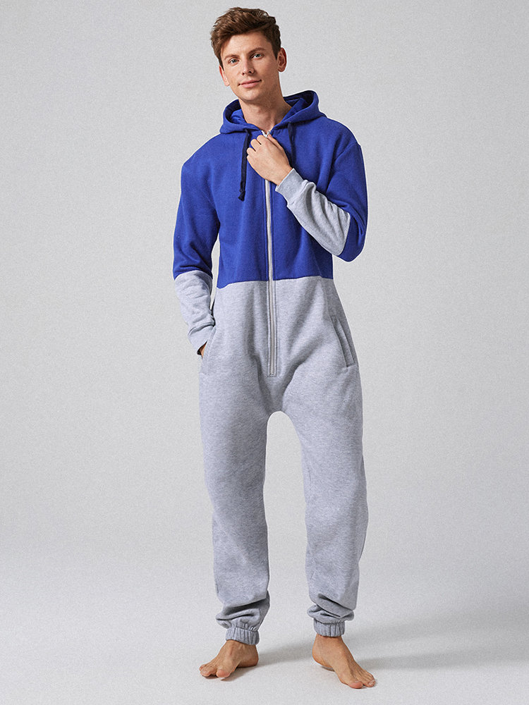 Men Plus Velvet Thick Track Onesies Contrast Color Two Way Zipper Hooded Loungewear Jumpsuit