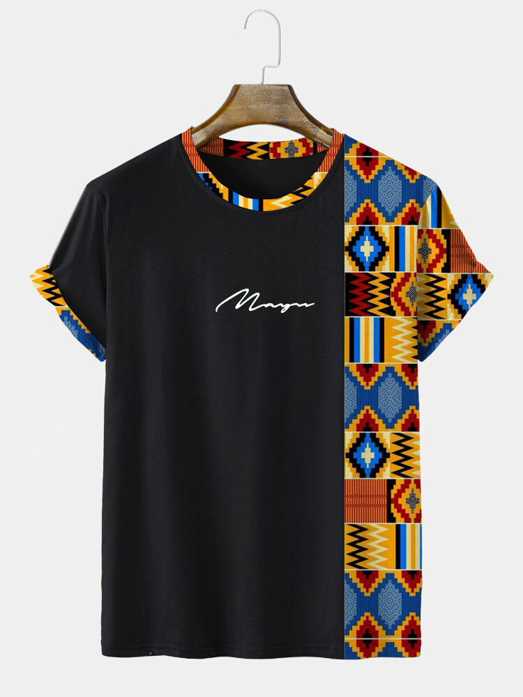 Mens Script Ethnic Geometric Print Patchwork Short Sleeve T-Shirts