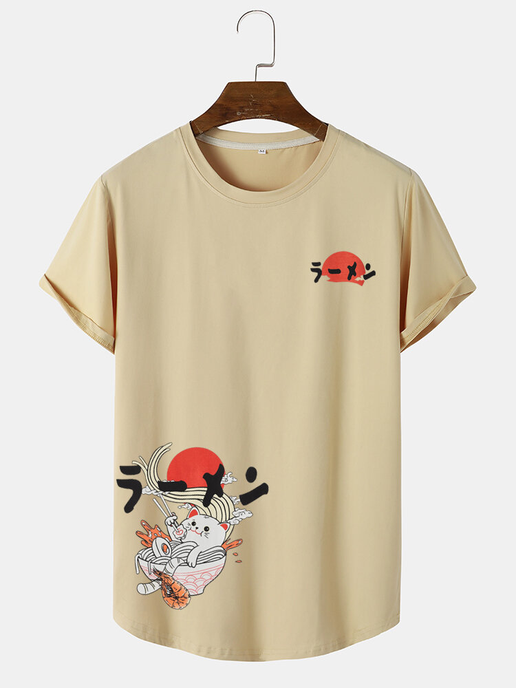 Mens Cat Print Japanese Letter Cute Short Sleeve T-Shirts