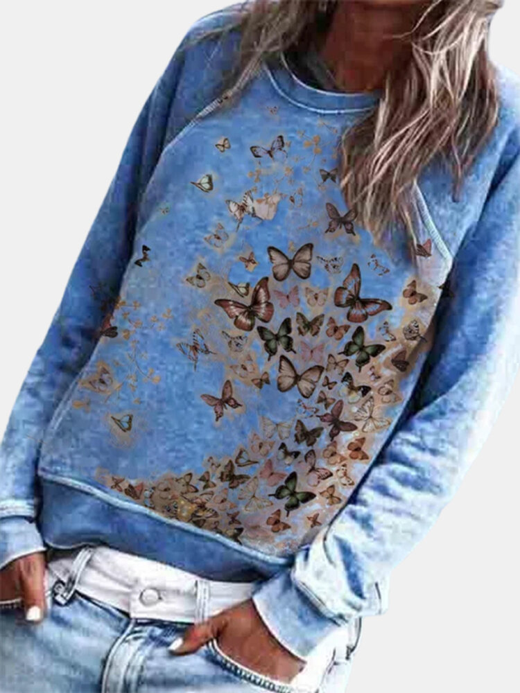 Butterflies Print Long Sleeve O-neck Casual Sweatshirt For Women