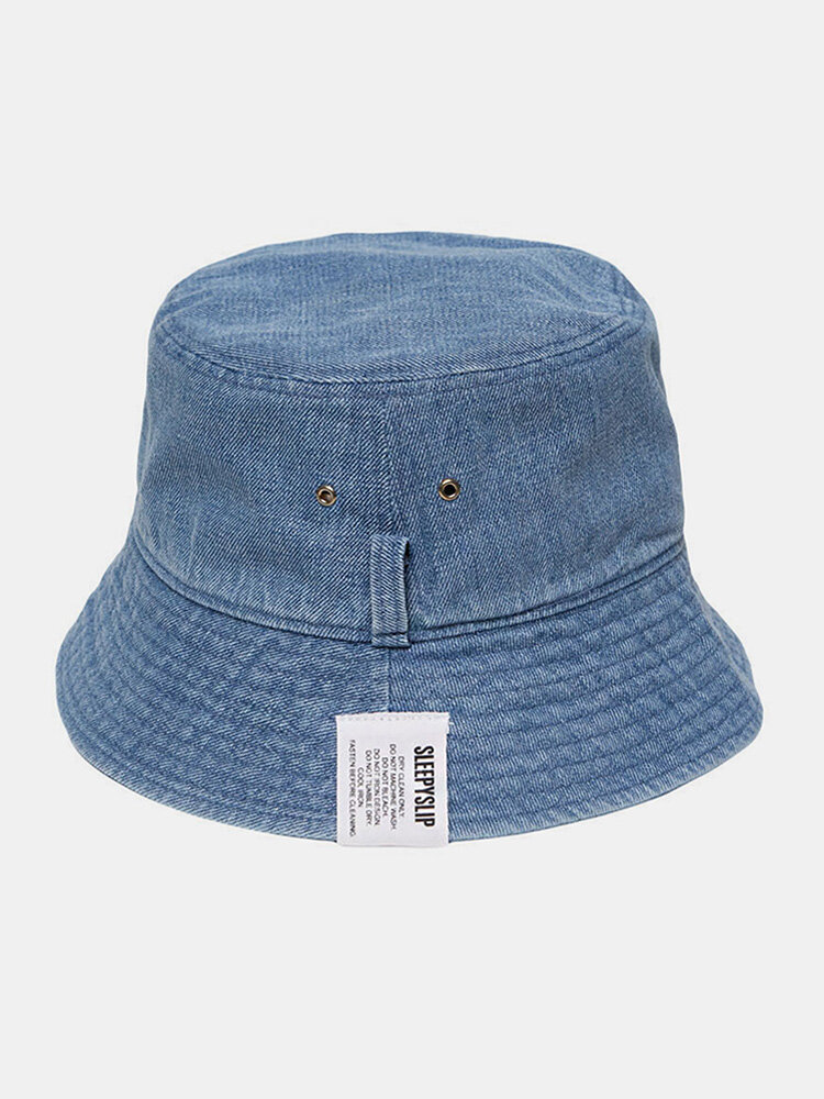 Unisex Washed Distressed Denim Solid Color Letter Cloth Label All-match Sunshade Bucket Hat