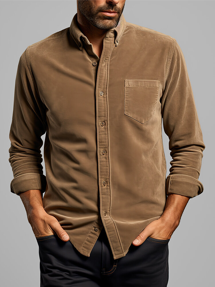 Mens Solid Button-Down Collar Casual Long Sleeve Shirts