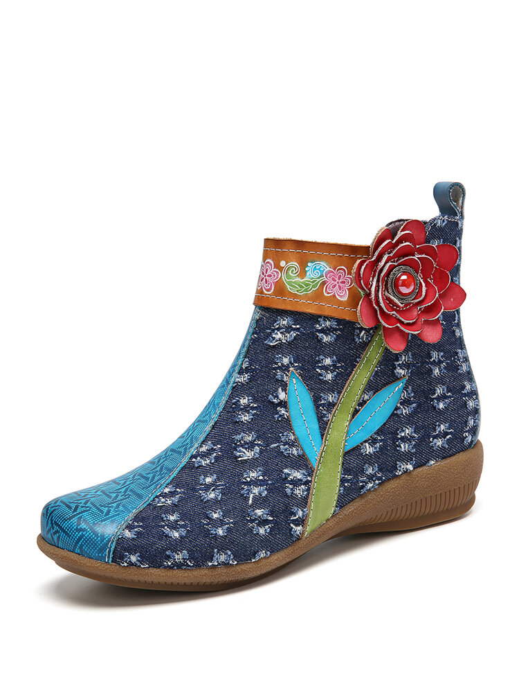 SOCOFY Denim Flower Decor Spleißen von geprägtem Leder Bequemer tragbarer Knöchel Stiefel