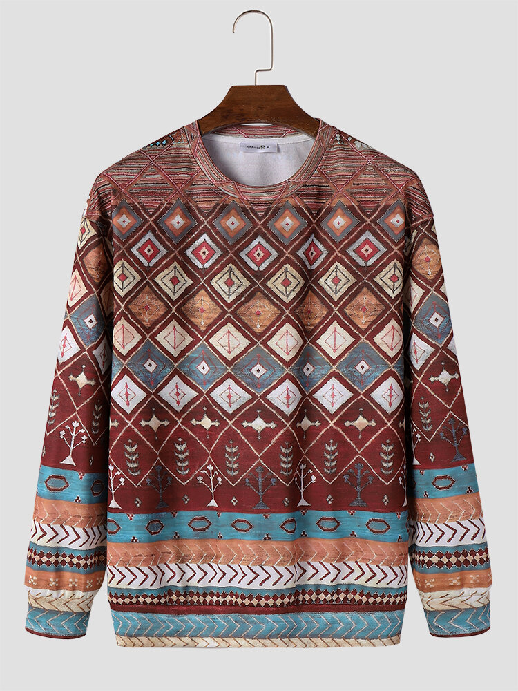 Mens Vintage Ethnic Geometric Pattern Crew Neck Pullover Sweatshirts Winter