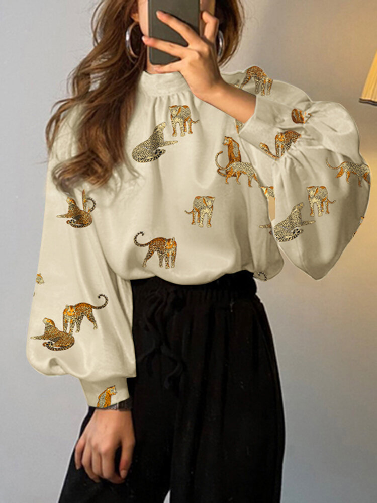 Leopard Graphic Stand Collar Long Sleeve Elegant Blouse