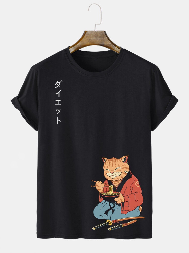 Mens Japanese Style Warrior Cat Print Crew Neck Short Sleeve T-Shirts