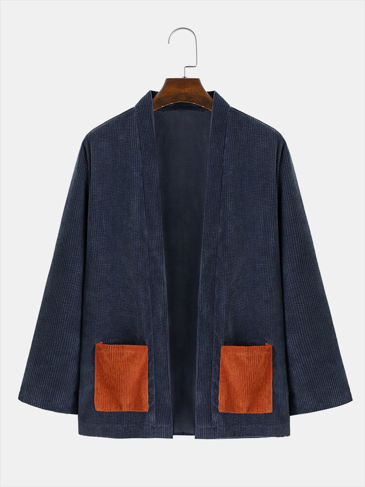 Mens Contrast Double Pocket Open Front Corduroy Casual Loose Kimono