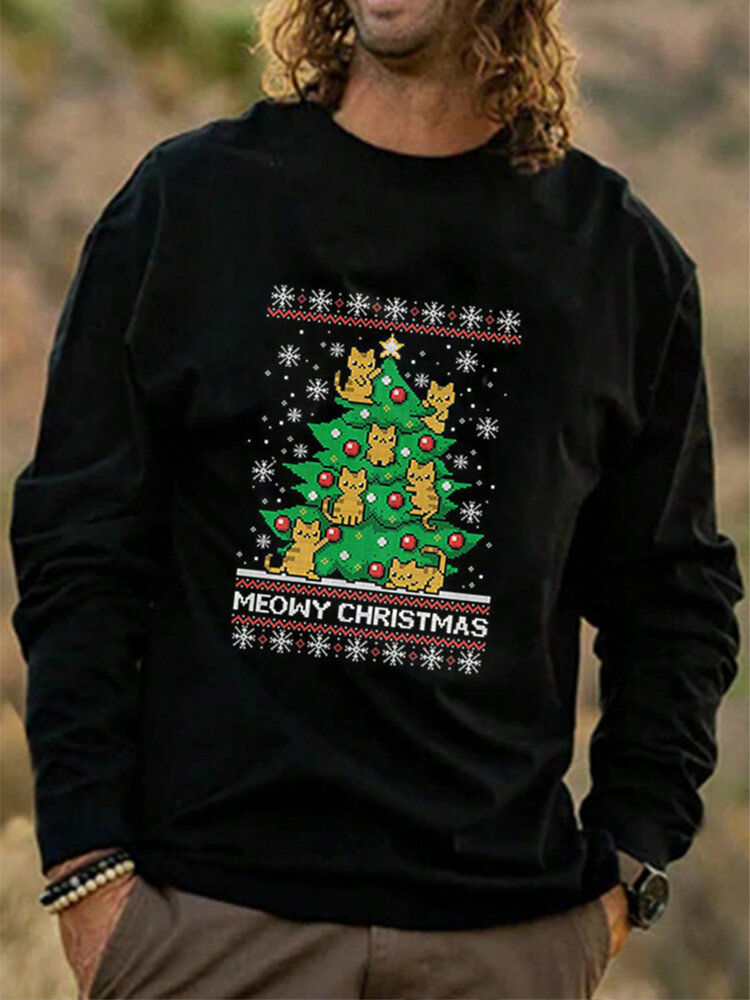 ChArmkpR Mens Christmas Tree Cat Print Crew Neck Pullover Sweatshirts