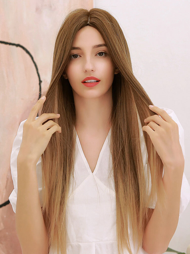 28 Inch Brown Gradient Gold Vertical Long Hair Natural Elegant Heat Resistant Fiber Women Wigs, newchic  - buy with discount