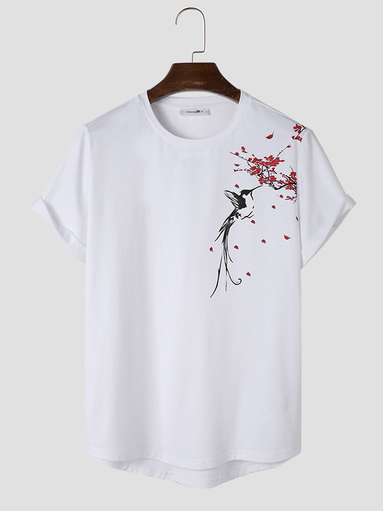Mens Chinese Plum Bossom Bird Print Curved Hem Short Sleeve T-Shirts