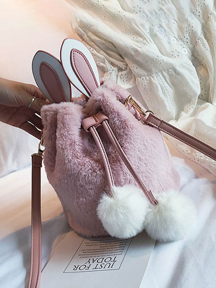 Women Cute Rabbit Fluffy Bucket Bag String Crossbody Bag