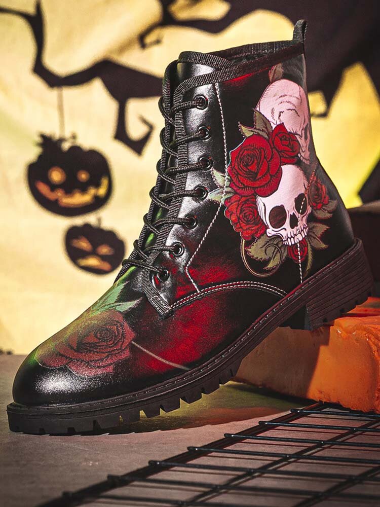 Men Halloween Skull Roses Printing Stylish Comfy Short-Calf Boots