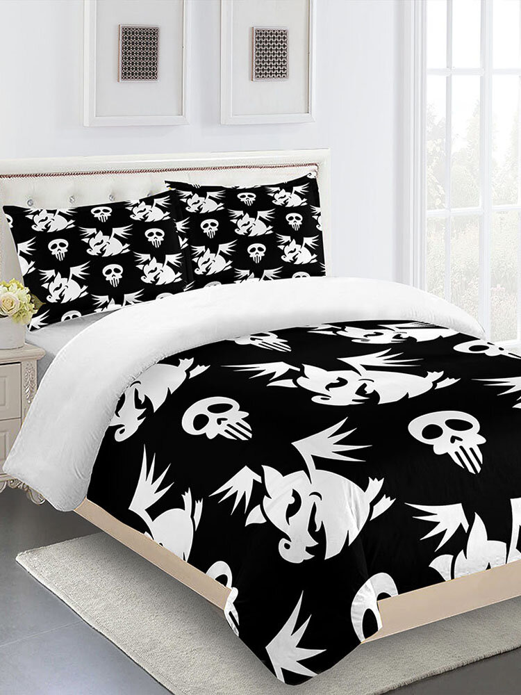 3PCs Polyester Fiber Skull Skeleton Halloween Horror Series Bedroom Decoration Bedding Set Cushion Cover Quilt Cover Pil