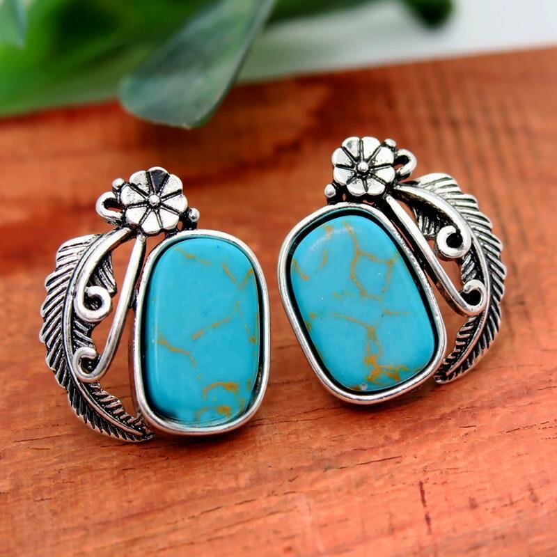 

Vintage Turquoise Leaf Women Earrings 925 Silver Plated Feather Flower Pendant Earrings, Antique silver