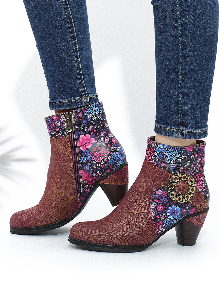 

SOCOFY Retro Metal Flowers Buckle Floral Leather Splicing Warm Lining Chunky Heel Ankle Boots, Wine red