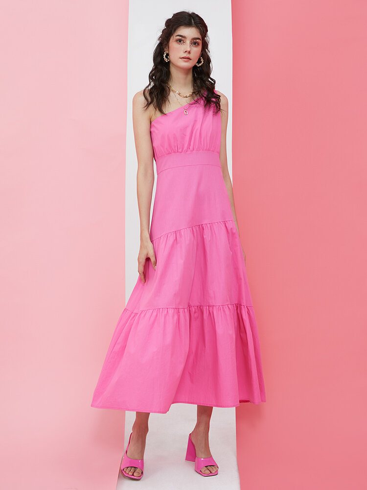 Pink Tiered Irregular One Shoulder Sleeveless Women Dress