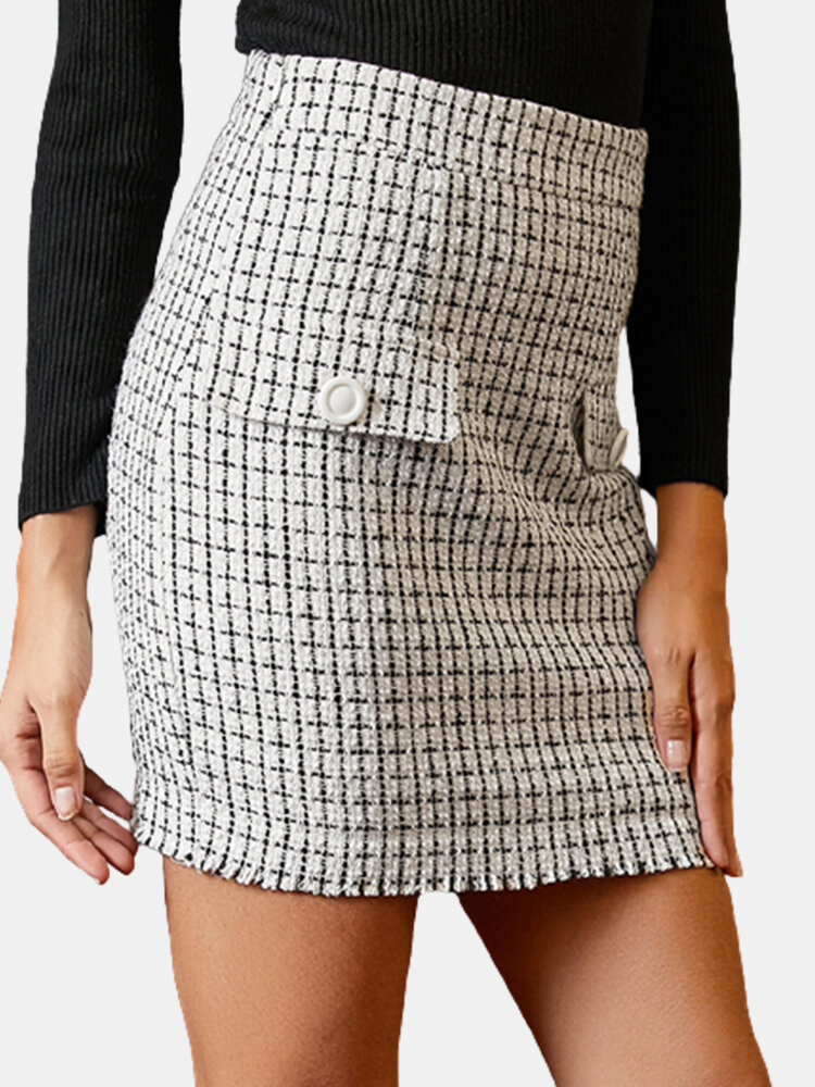 Plaid Print Button Mini Casual Skirt for Women