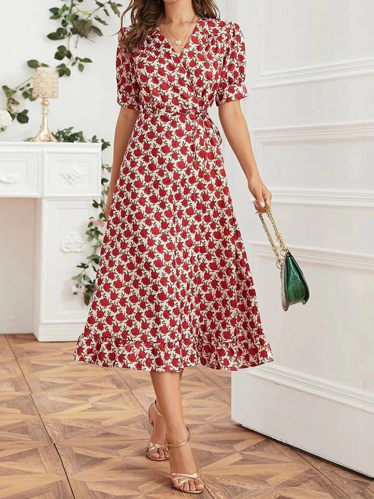 Women Short Sleeve V-neck Floral Print Dress with Belt